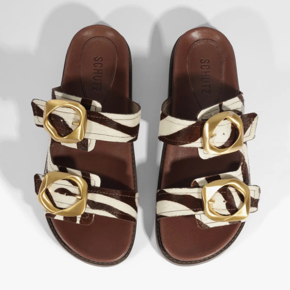 SCHUTZ Zebra Pattern Sandals with Gold Accents